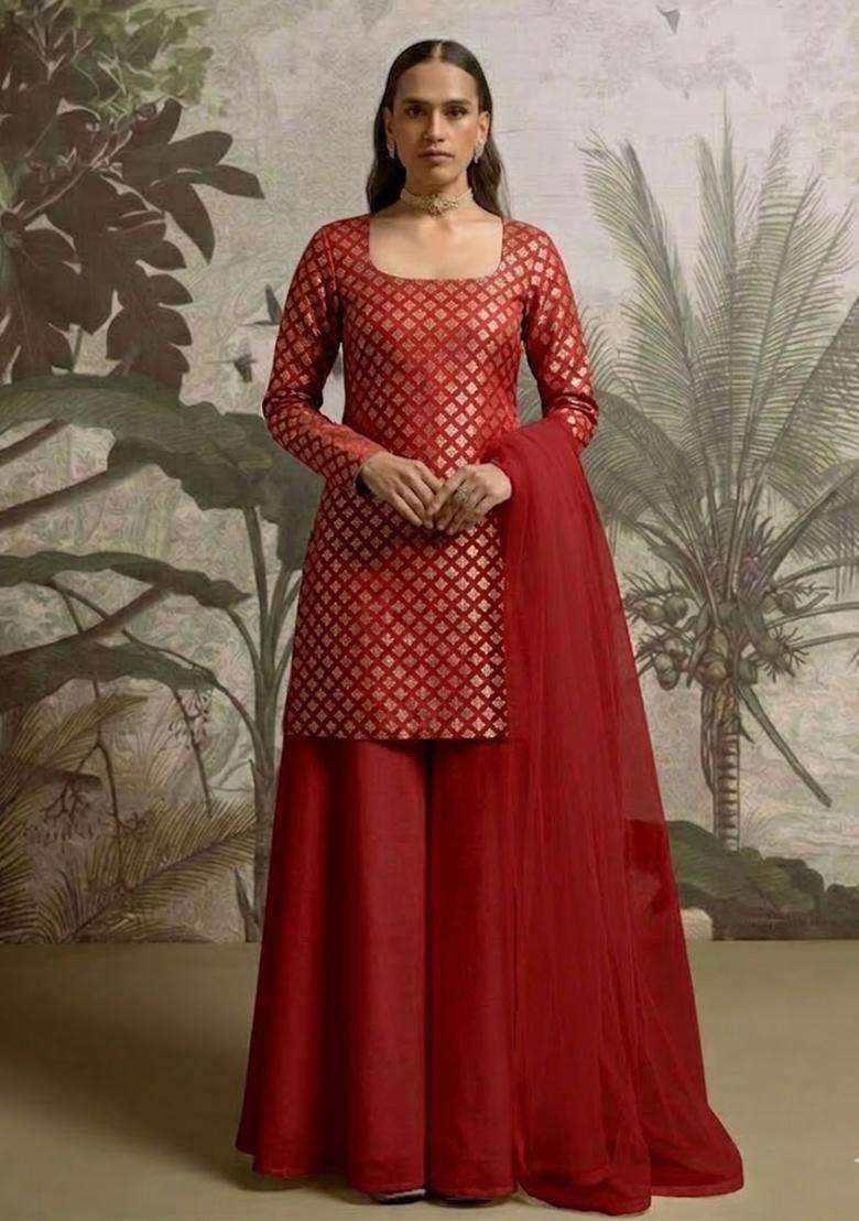 Red Brocade Sharara Set - Indya