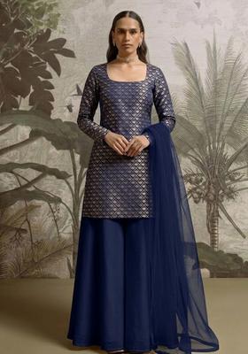 Navy Blue Brocade Sharara Set