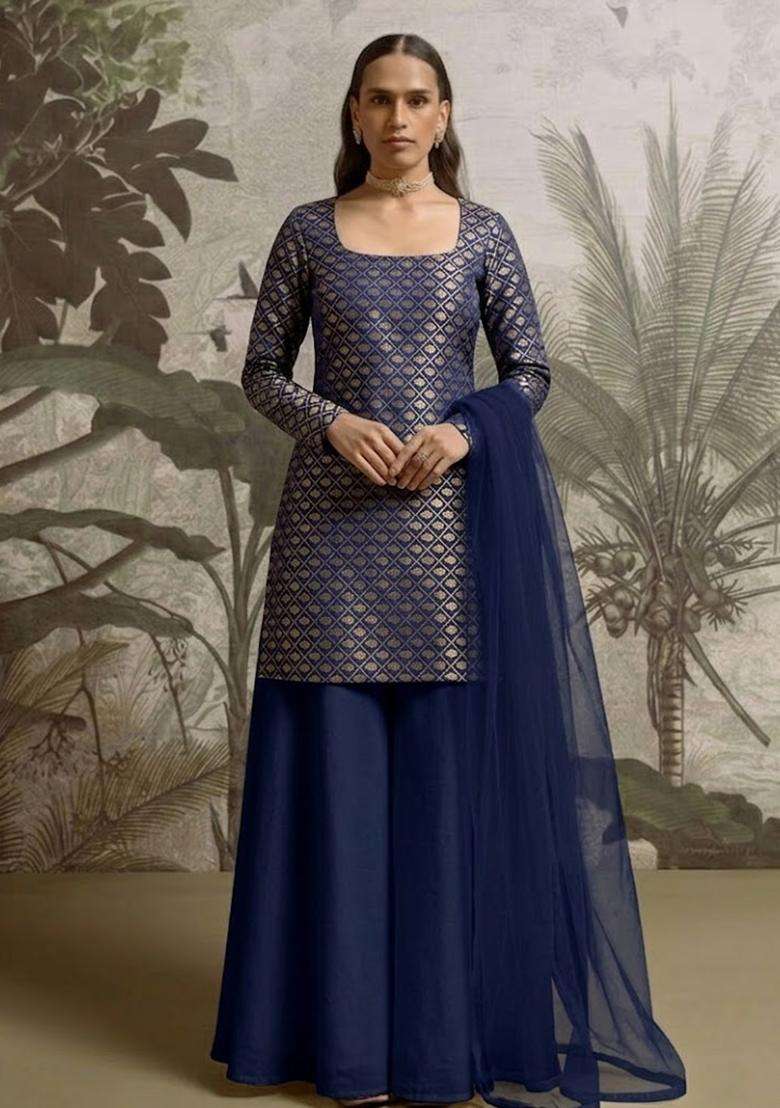 Navy Blue Brocade Sharara Set - Indya