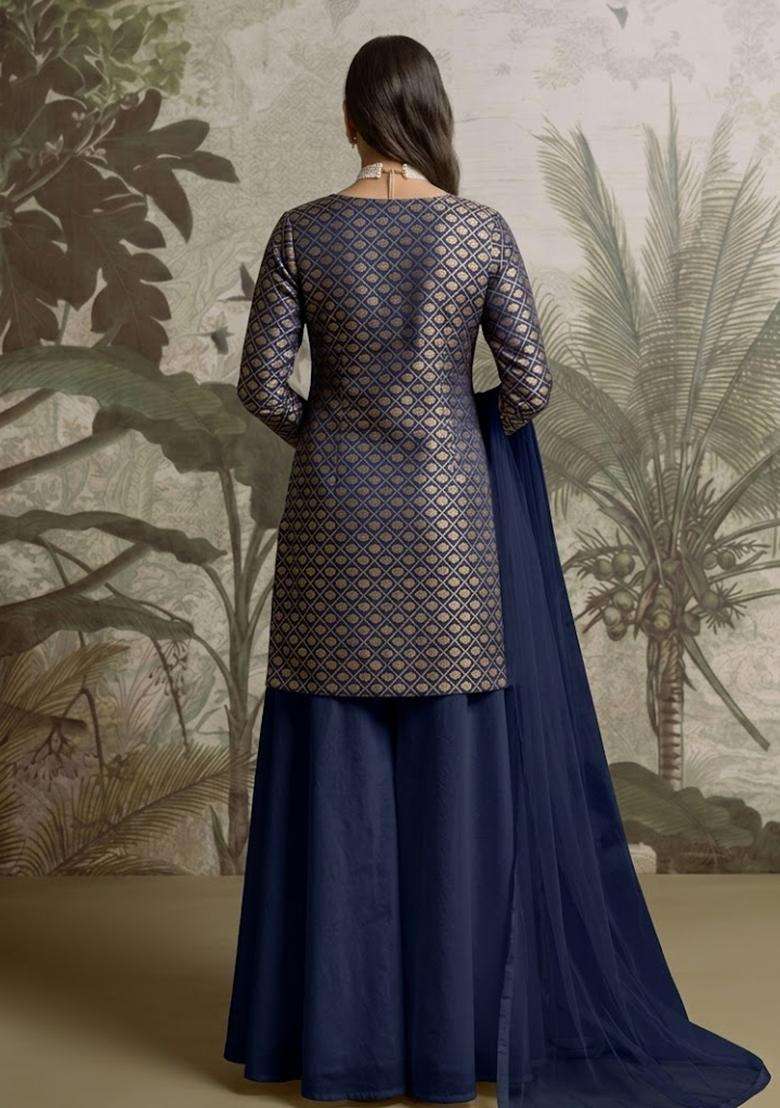 Navy Blue Brocade Sharara Set - Indya