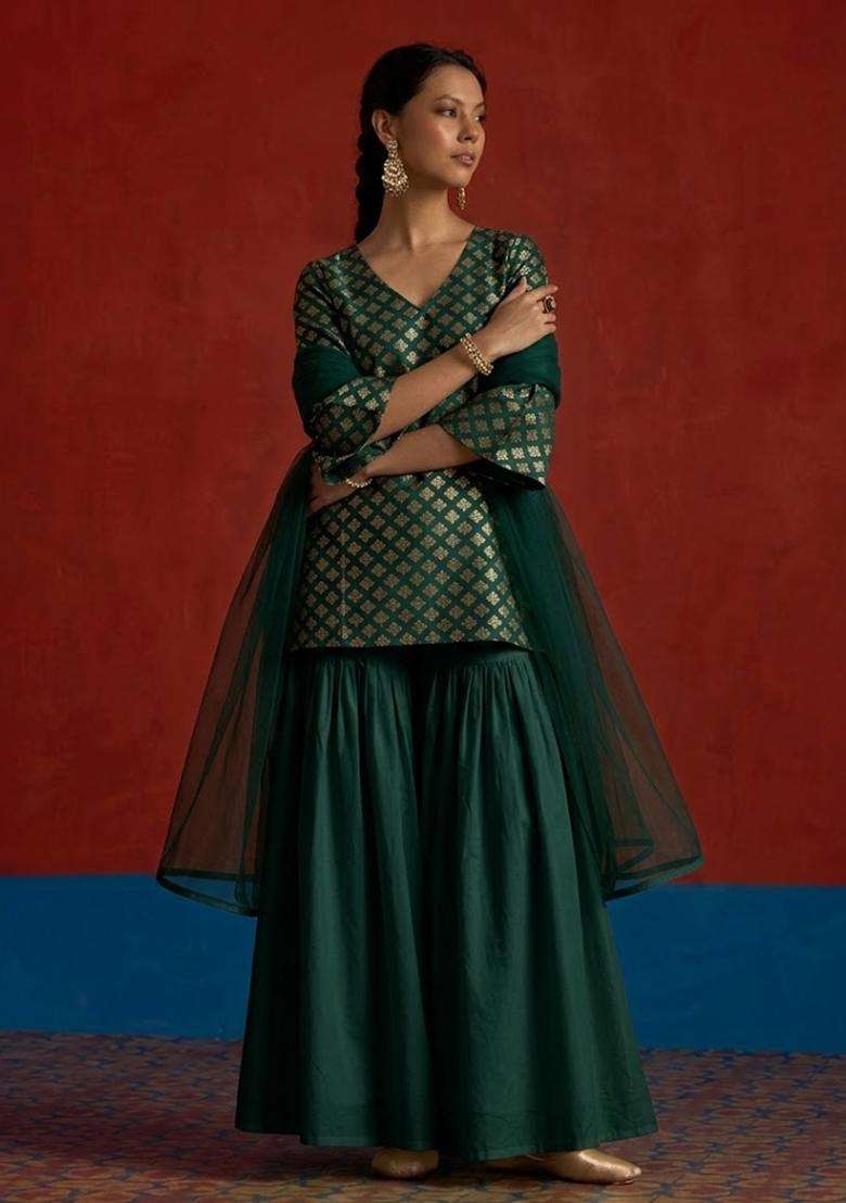 Dark Green Brocade Sharara Set - Indya