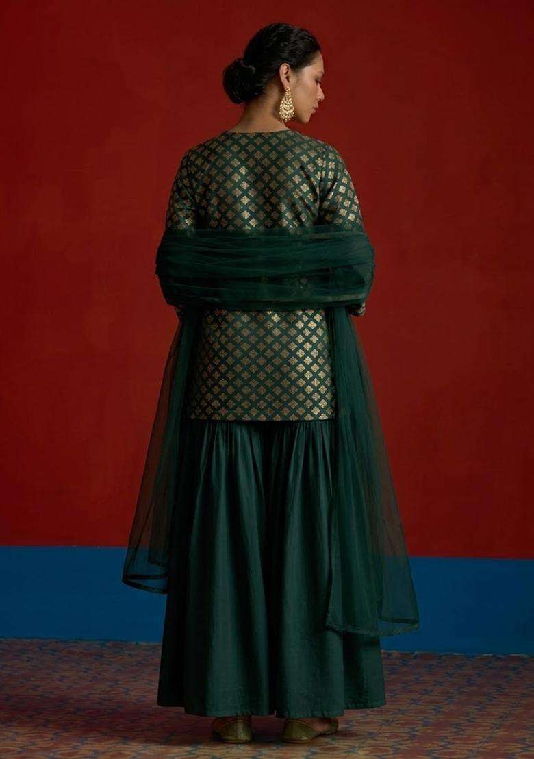 Dark Green Brocade Sharara Set - Indya