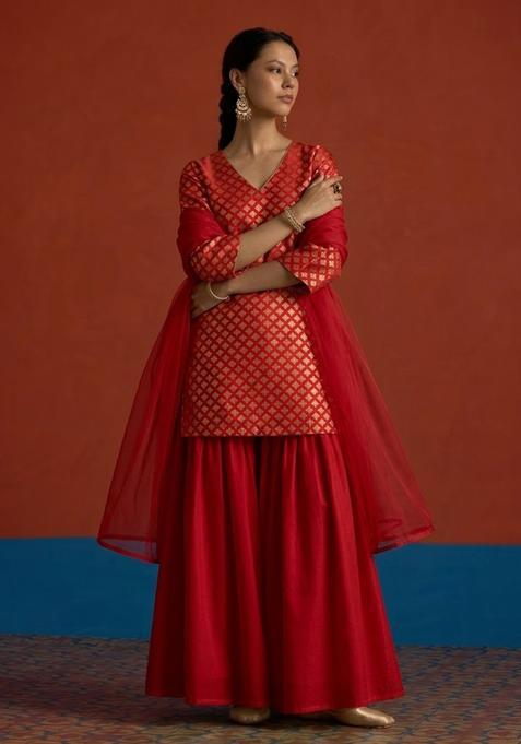 Red Brocade Sharara Set