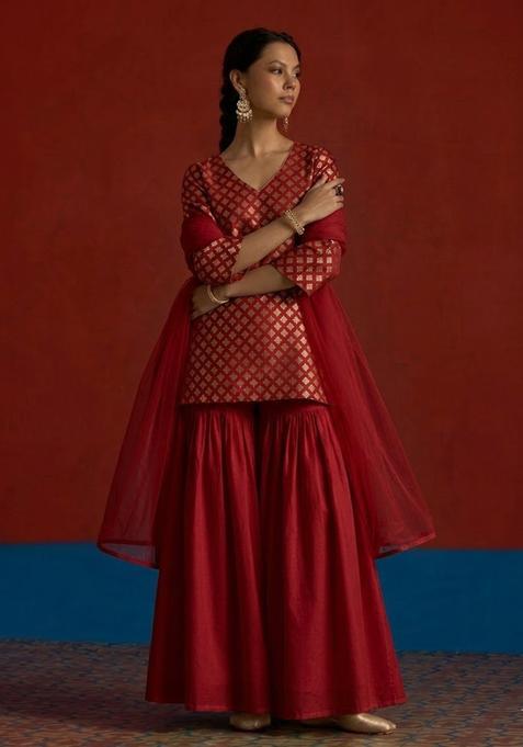 Red Brocade Sharara Set