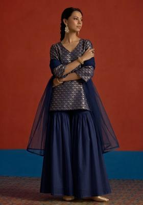Navy Blue Brocade Sharara Set