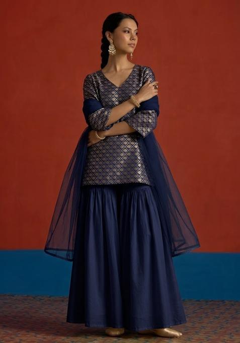 Navy Blue Brocade Sharara Set
