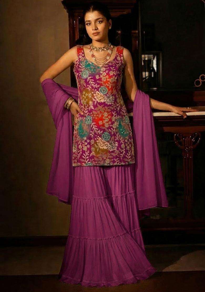 Magenta Sequin Crepe Sharara Set - Indya