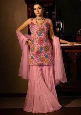 Baby Pink Sequin Crepe Sharara Set