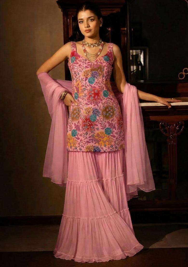 Baby Pink Sequin Crepe Sharara Set - Indya