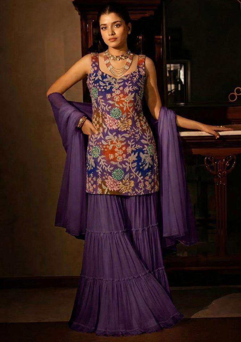 Purple Sequin Crepe Sharara Set - Indya