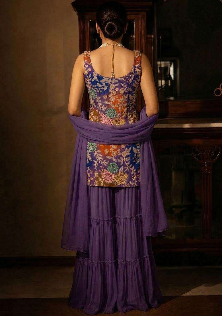 Purple Sequin Crepe Sharara Set - Indya
