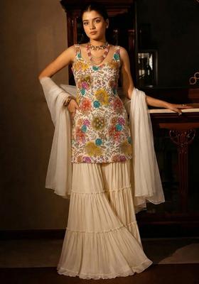 Off White Sequin Crepe Sharara Set