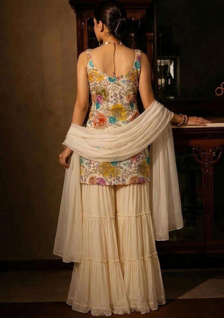 Off White Sequin Crepe Sharara Set - Indya