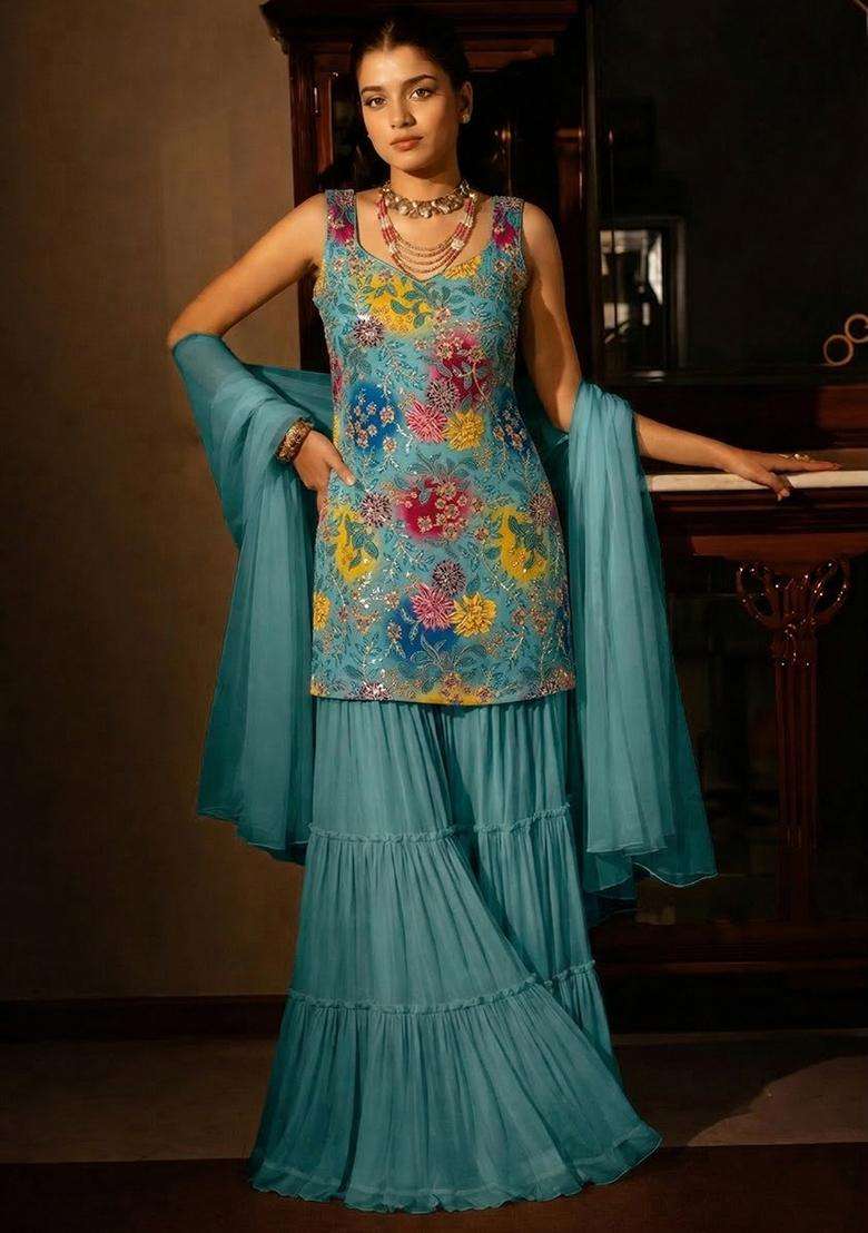 Aqua Blue Sequin Crepe Sharara Set - Indya