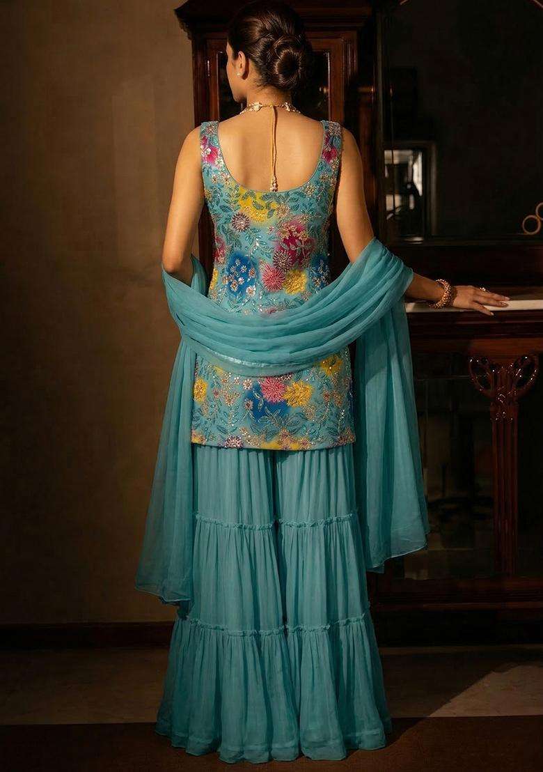 Aqua Blue Sequin Crepe Sharara Set - Indya