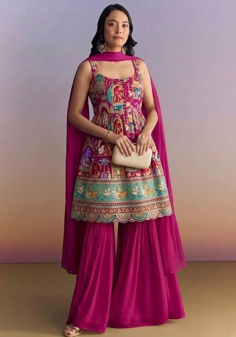 Hot Pink Figure Print Georgette Sharara Set