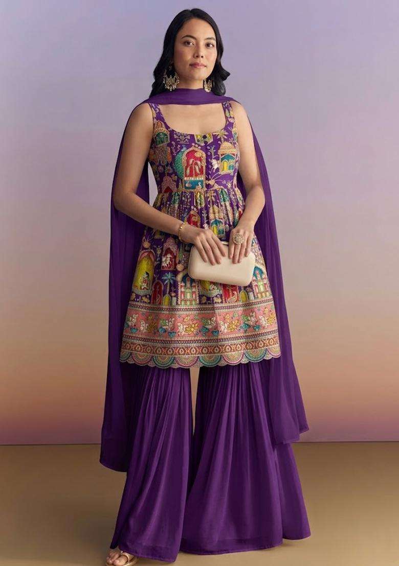 Royal Purple Figure Print Georgette Sharara Set - Indya