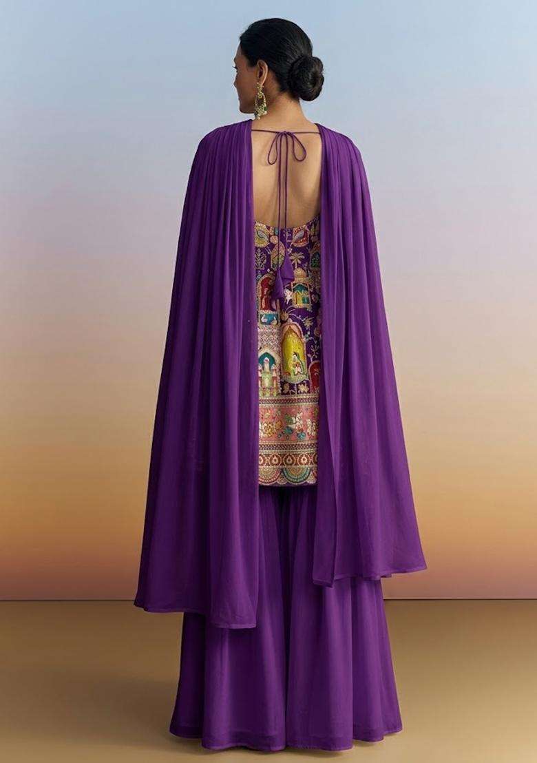 Royal Purple Figure Print Georgette Sharara Set - Indya