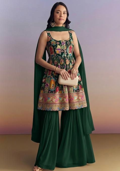 Green Figure Print Georgette Sharara Set