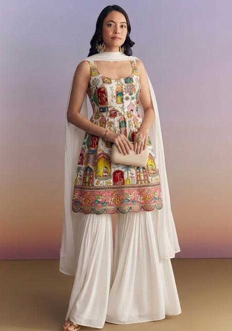 Ivory Figure Print Georgette Sharara Set