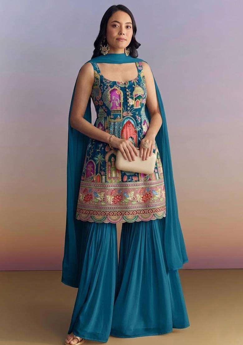 Teal Blue Figure Print Georgette Sharara Set - Indya