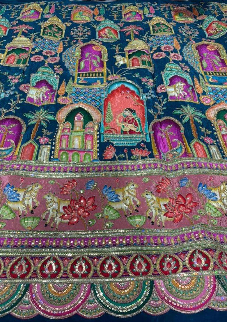 Teal Blue Figure Print Georgette Sharara Set - Indya