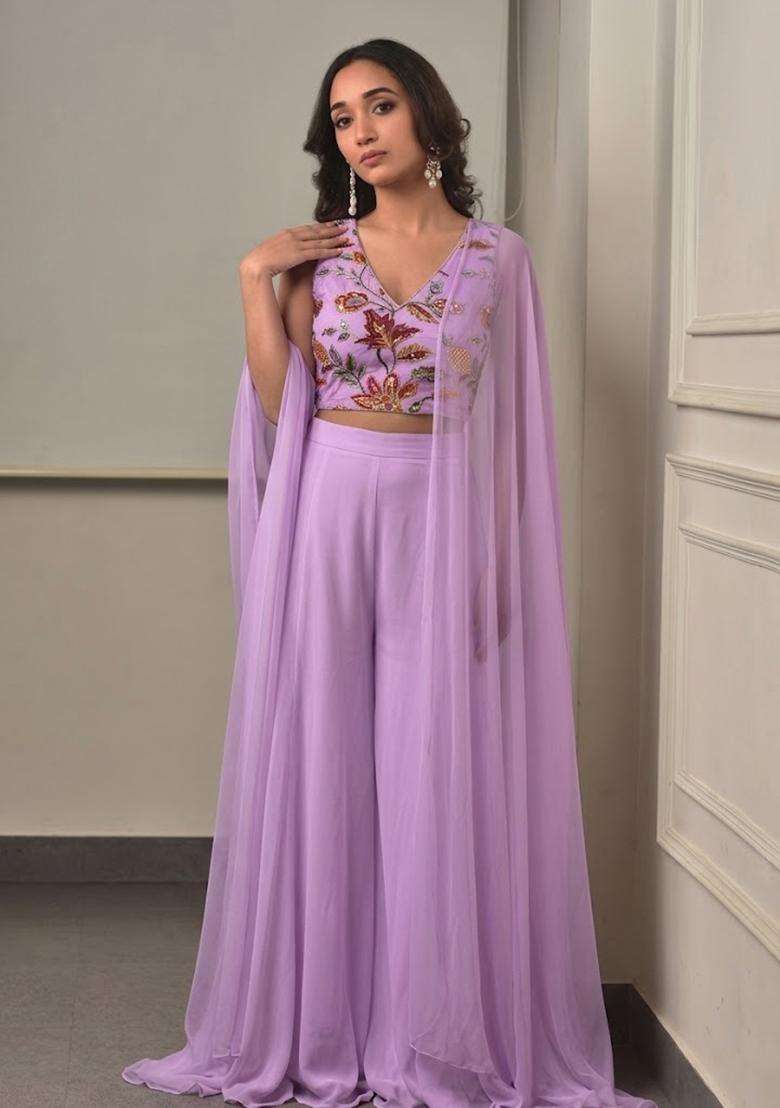 Lavender Embroidered Organza Fusion Set - Indya