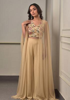 Beige Embroidered Organza Fusion Set