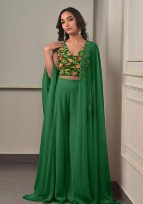 Emerald Green Embroidered Organza Fusion Set