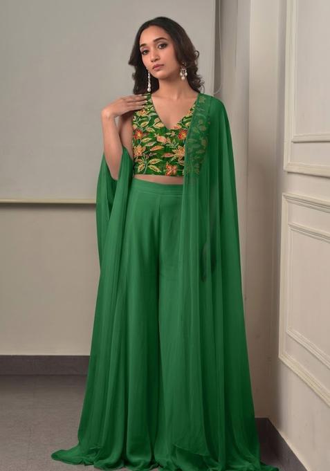 Emerald Green Embroidered Organza Fusion Set