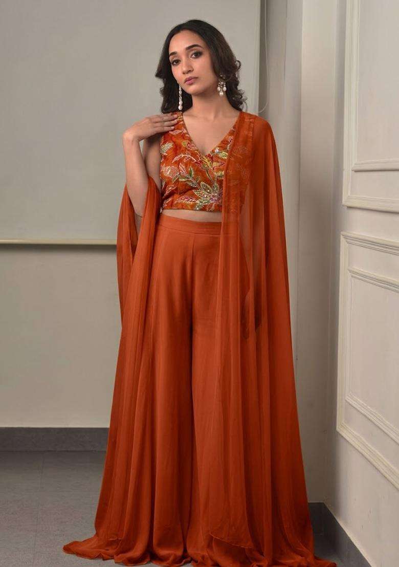 Rust Embroidered Organza Fusion Set - Indya
