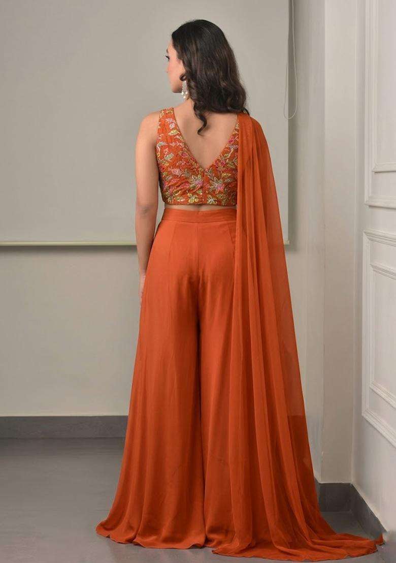 Rust Embroidered Organza Fusion Set - Indya