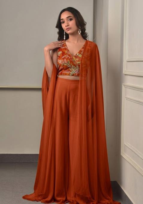 Rust Embroidered Organza Fusion Set