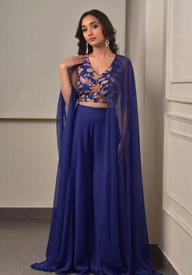Navy Blue Embroidered Organza Fusion Set