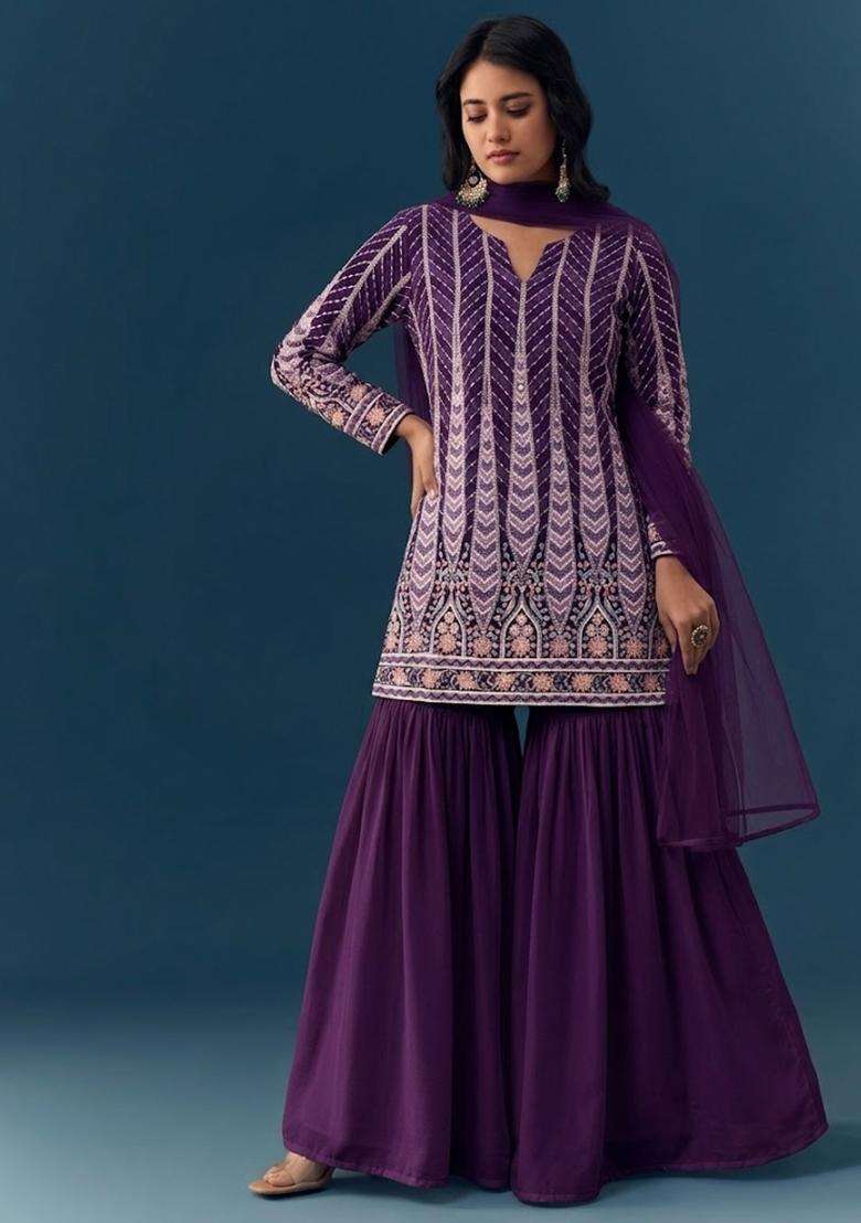 Dark Purple Sequin Crepe Sharara Set - Indya
