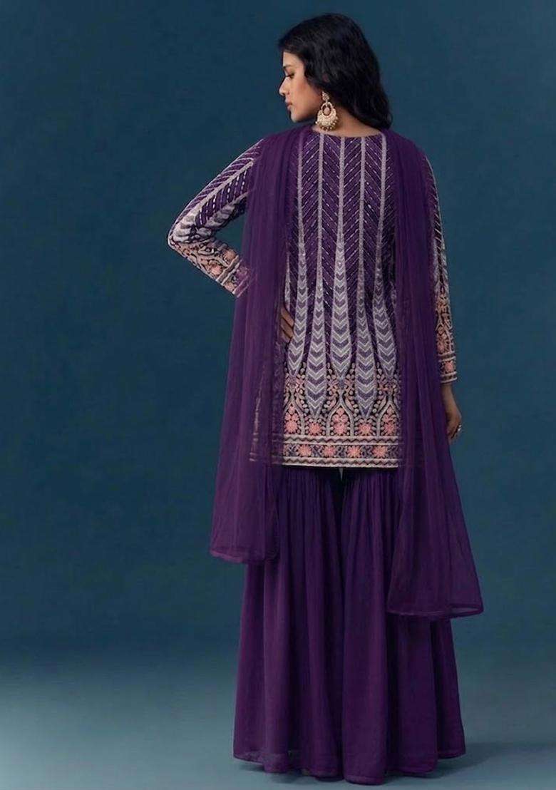 Dark Purple Sequin Crepe Sharara Set - Indya