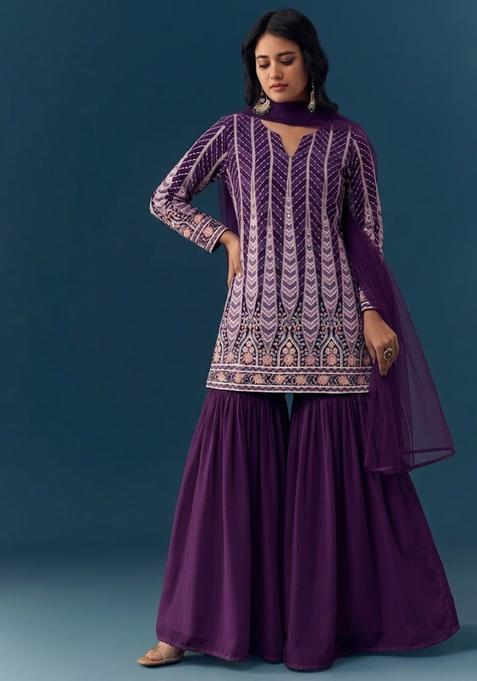 Dark Purple Sequin Crepe Sharara Set