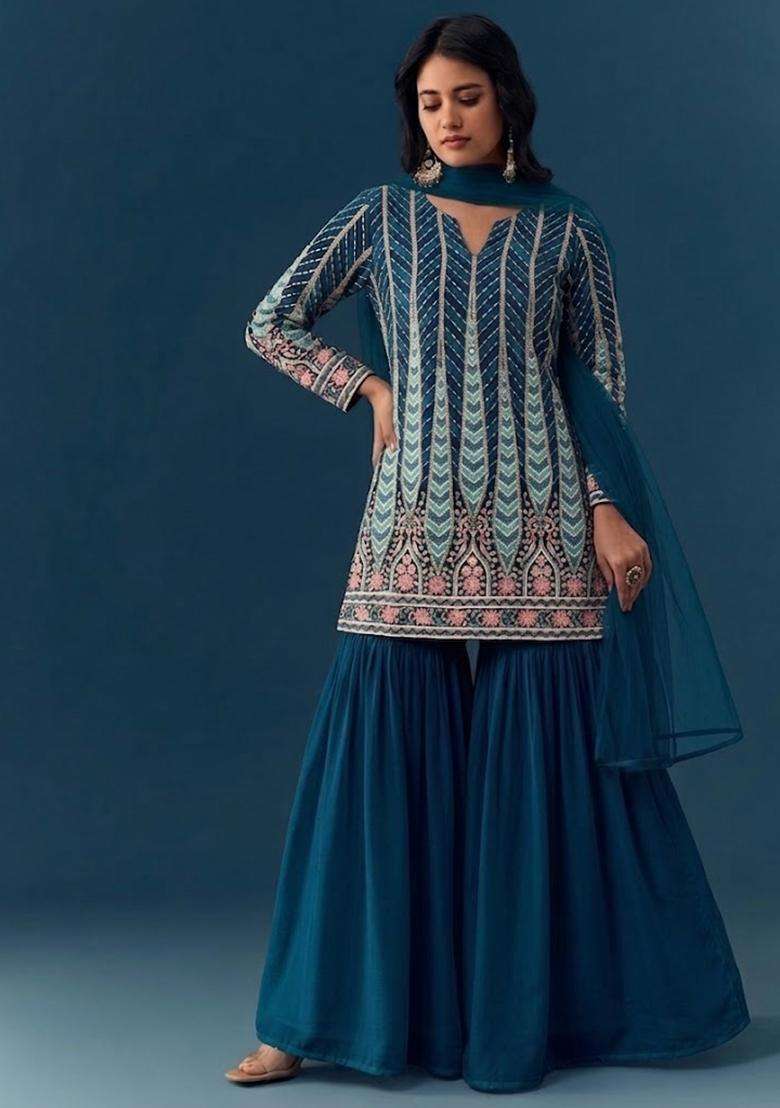Teal Blue Sequin Crepe Sharara Set - Indya