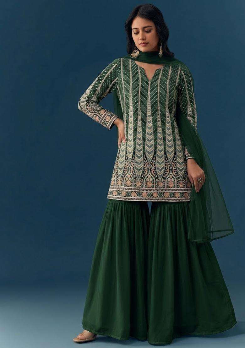 Green Sequin Crepe Sharara Set - Indya