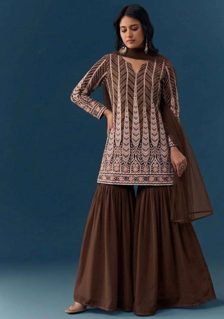 Brown Sequin Crepe Sharara Set - Indya