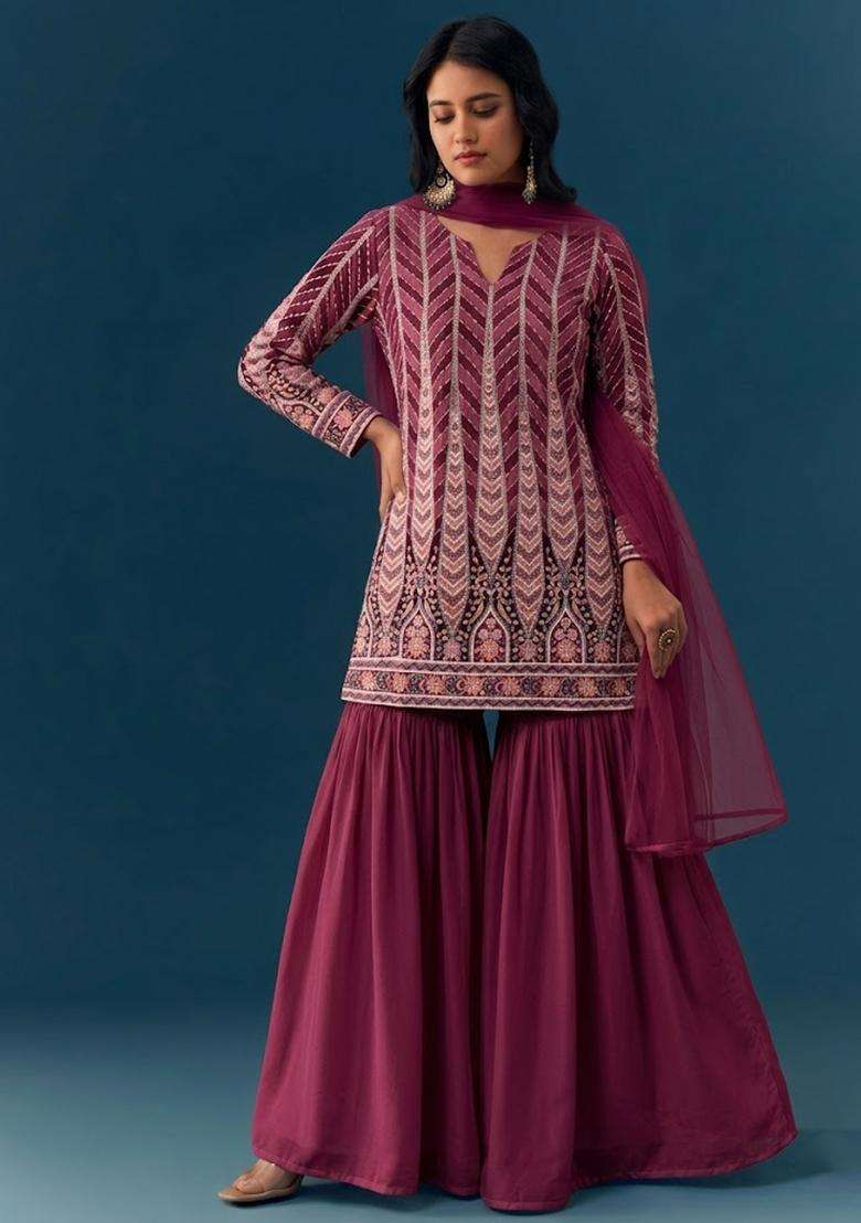Pink Sequin Crepe Sharara Set - Indya