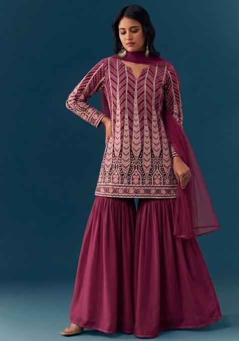 Pink Sequin Crepe Sharara Set