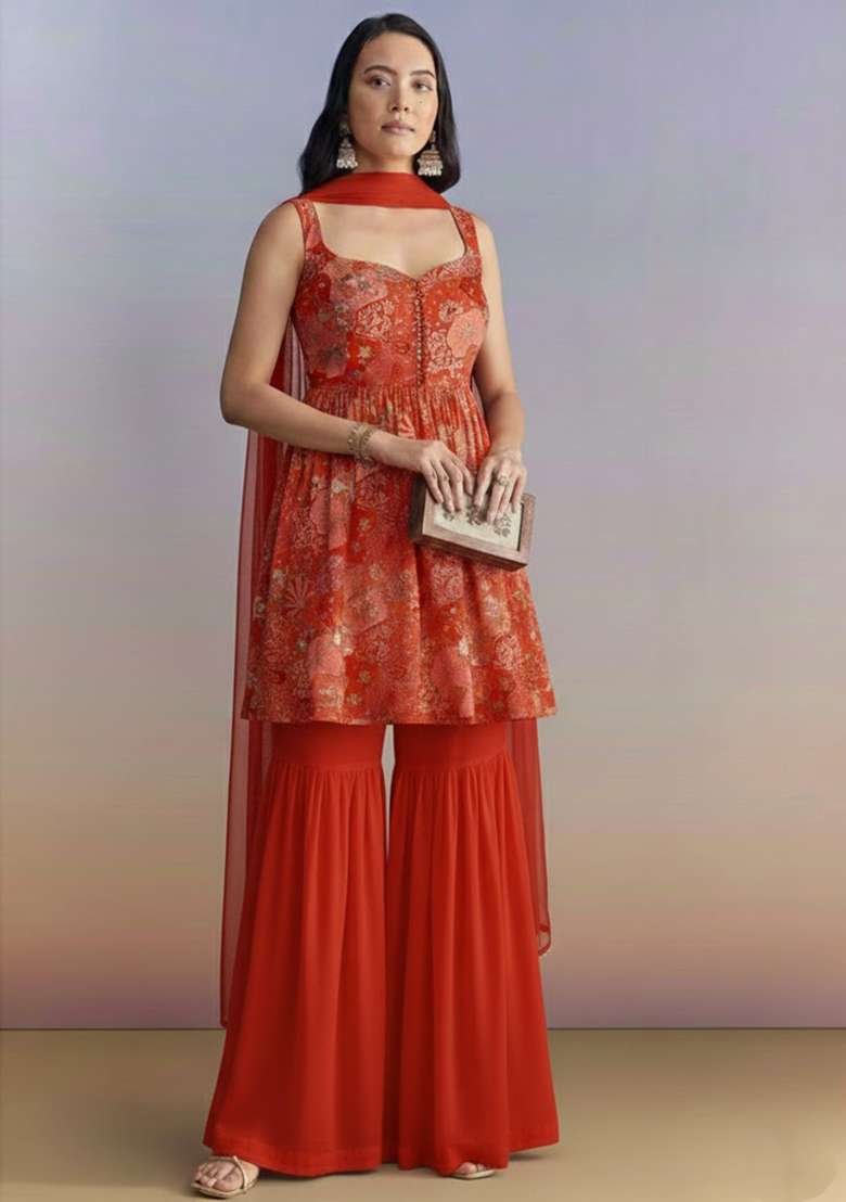 Red Embroidered Crepe Sharara Set - Indya