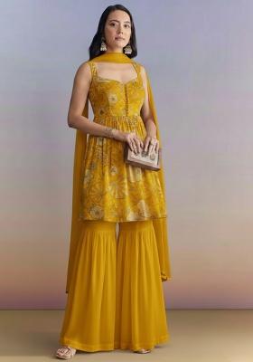 Mustard Embroidered Crepe Sharara Set