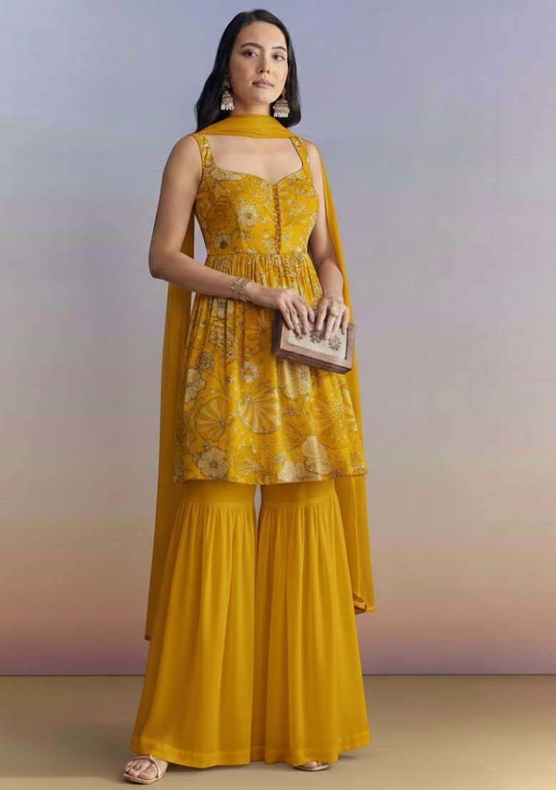 Mustard Embroidered Crepe Sharara Set - Indya