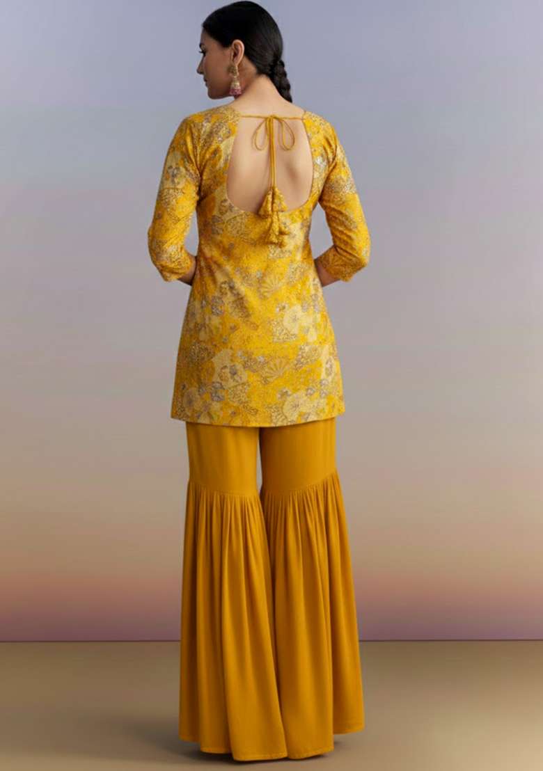 Mustard Embroidered Crepe Sharara Set - Indya