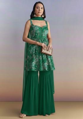 Emerald Green Embroidered Crepe Sharara Set