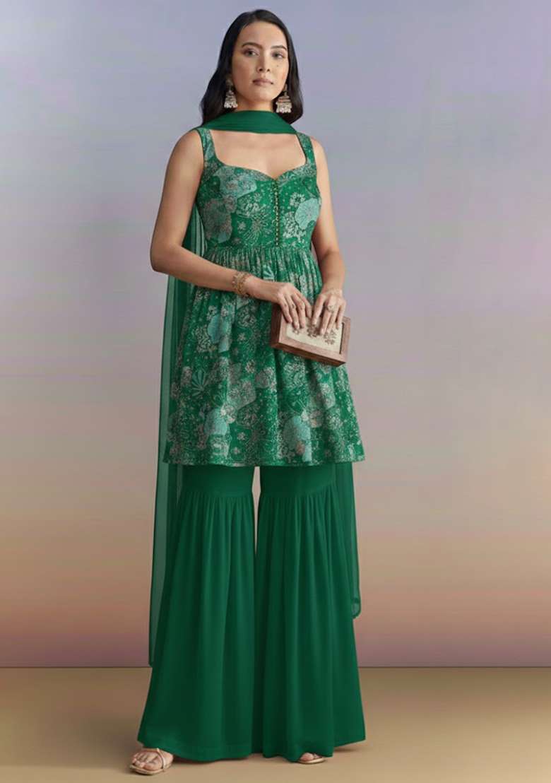 Emerald Green Embroidered Crepe Sharara Set - Indya