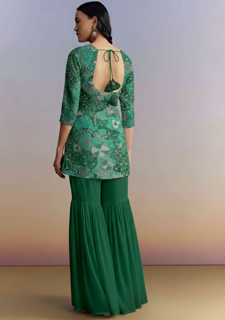 Emerald Green Embroidered Crepe Sharara Set - Indya