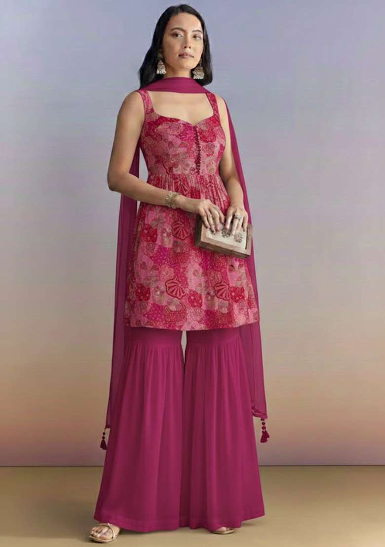 Rani Pink Embroidered Crepe Sharara Set - Indya